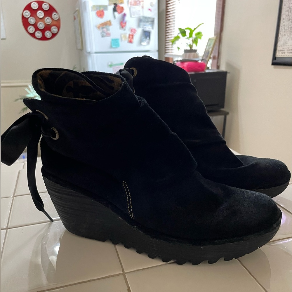 Fly London  Black Suede Yama Booties. Size 37